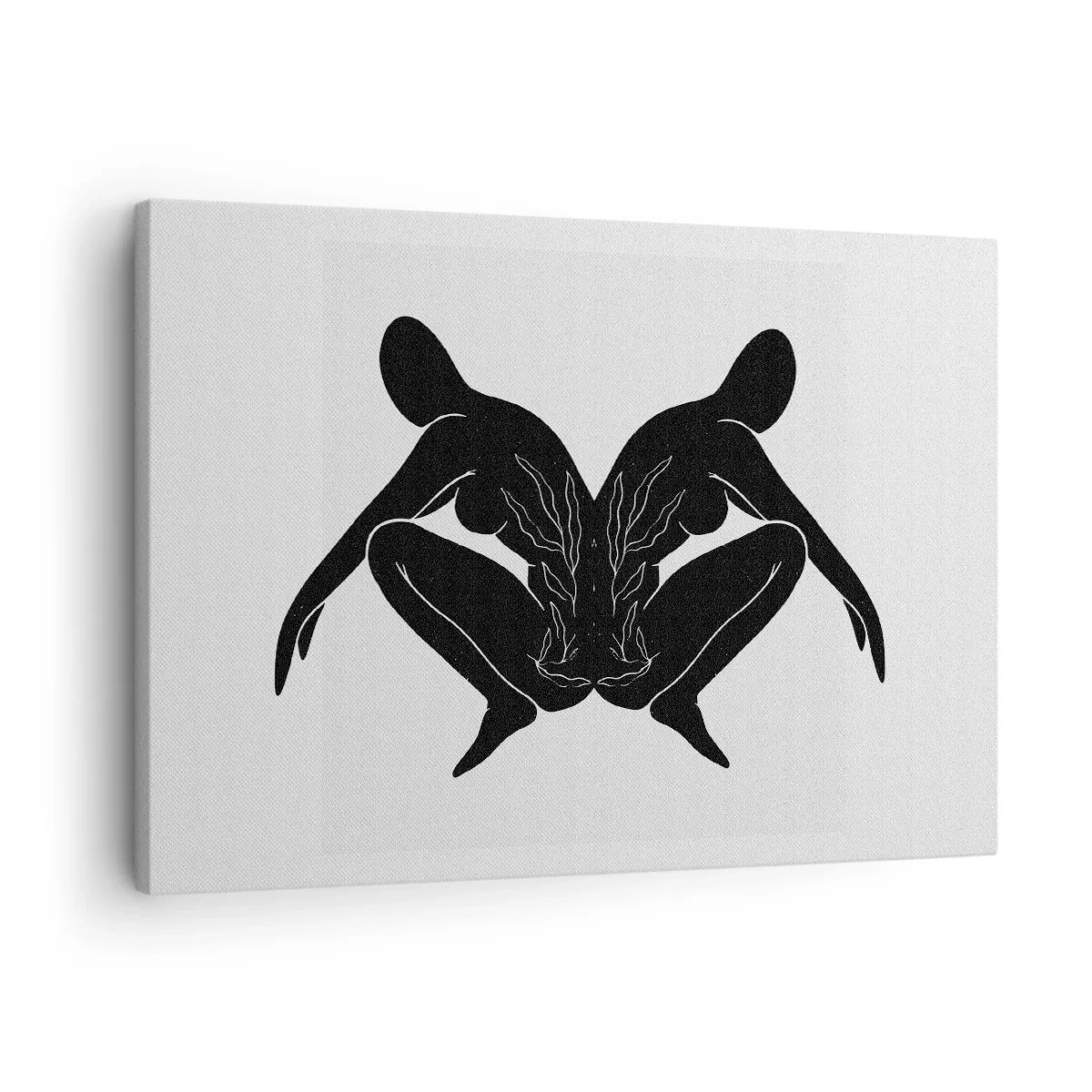 Cuadro sobre lienzo - Impresión de Imagen - Siluetas negras en posición simétrica sobre un fondo blanco. - 70x50cm - Un alma compartida - Decoración de pared moderna para salón y dormitorio ARTTOR
