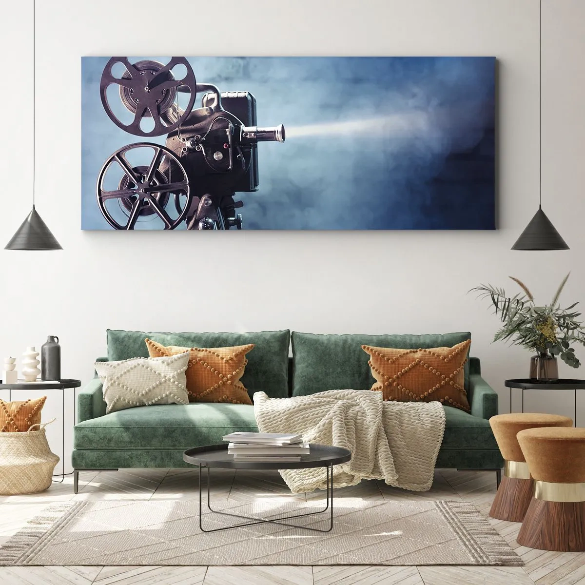Cuadro sobre lienzo - Impresión de Imagen - Un antiguo proyector de películas que proyecta luz sobre un fondo azul. - 160x50cm - En el antiguo cine - Decoración de pared moderna para salón y dormitorio ARTTOR