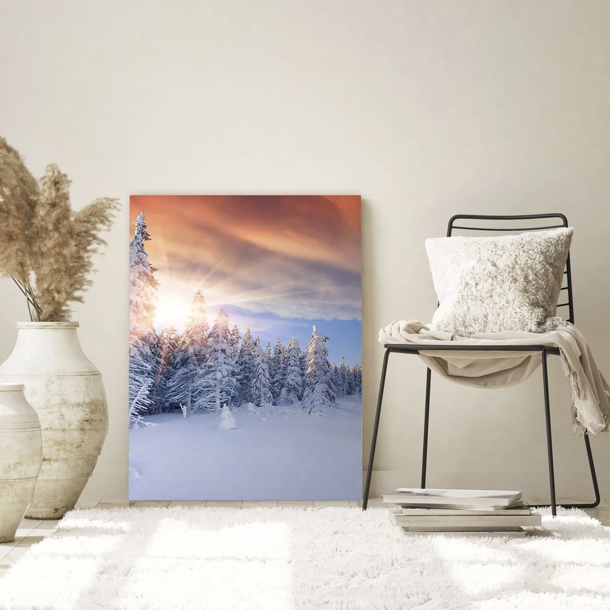 Cuadro sobre vidrio - Impresiones sobre Vidrio - Paisaje invernal con un bosque nevado al atardecer - 80x120cm - Un espectáculo de naturaleza nevada - Decoración de pared moderna para salón y dormitorio ARTTOR