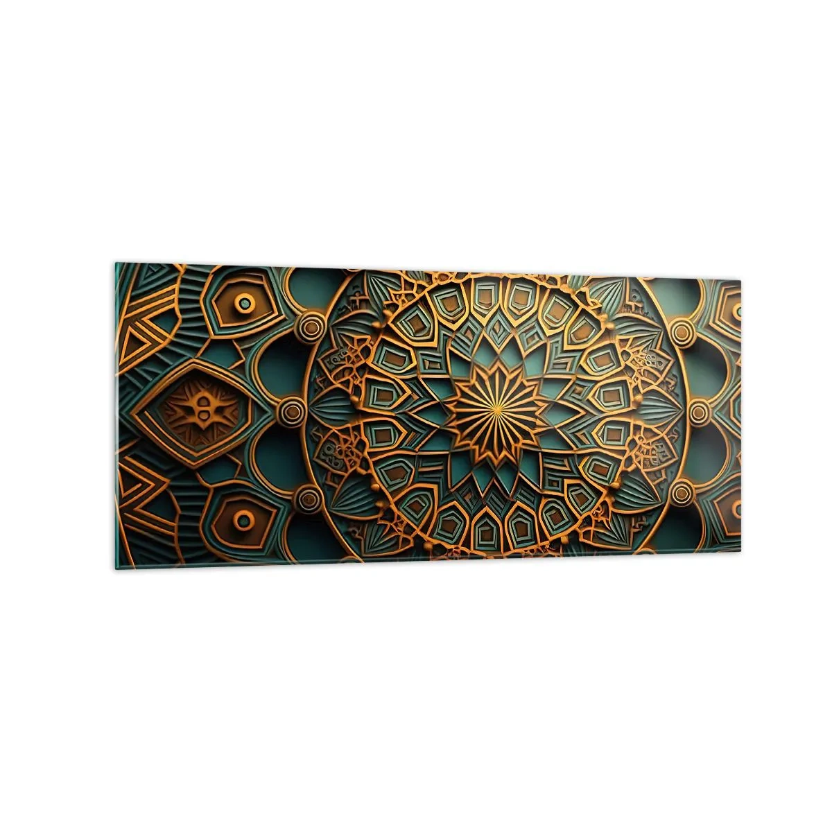 Cuadro sobre vidrio - Impresiones sobre Vidrio - Un mandala dorado sobre un fondo turquesa con ricos detalles. - 120x50cm - En un clima árabe - Decoración de pared moderna para salón y dormitorio ARTTOR