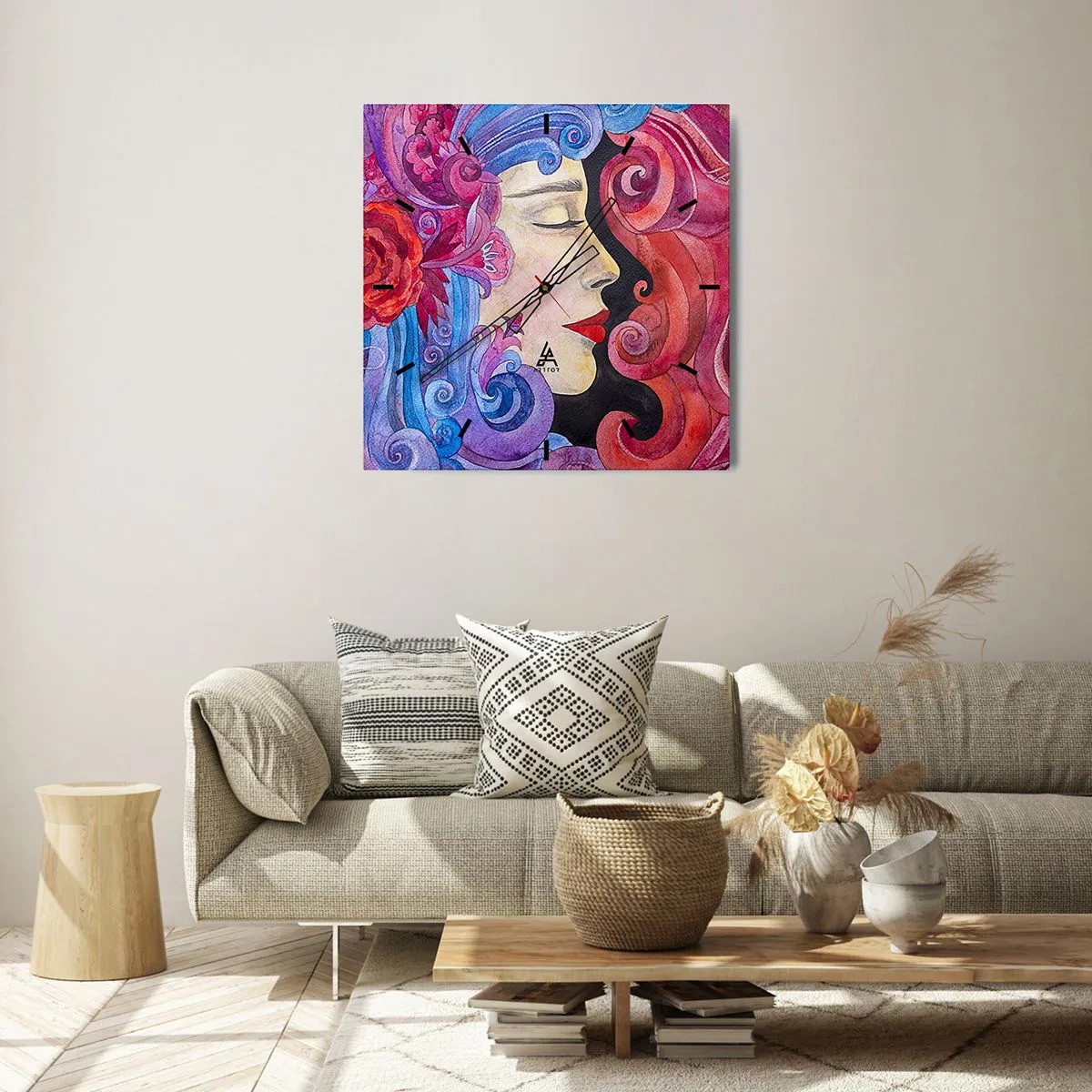 Reloj de pared - Reloj de vidrio - Inspiración en rojo y violeta - 40x40 cm