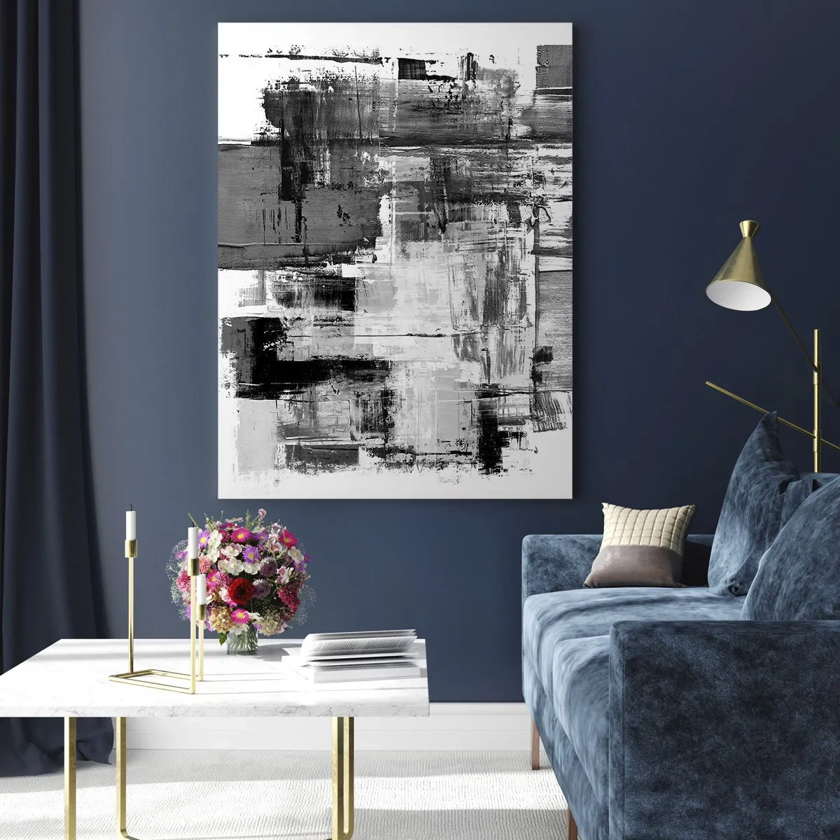 Cuadro sobre vidrio - Impresiones sobre Vidrio - Abstracción en blanco y negro con estructura geométrica. - 50x70cm - El gris es hermoso - Decoración de pared moderna para salón y dormitorio ARTTOR