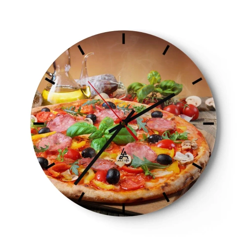 Reloj de pared - Reloj de vidrio - Deliciosa pizza con ingredientes sobre una mesa de madera. - 30x30cm - Con un verdadero sabor italiano - Decoración de pared moderna para salón, cocina y dormitorio ARTTOR