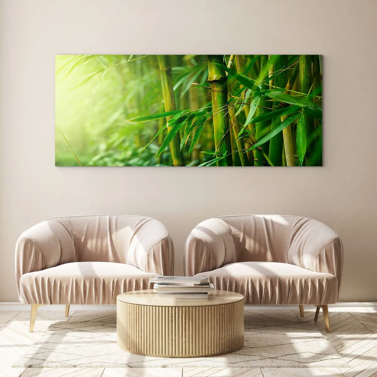 Cuadro sobre vidrio - Impresiones sobre Vidrio - Bosque de bambú verde bajo una luz suave - 160x50cm - Conocer el propio verdor - Decoración de pared moderna para salón y dormitorio ARTTOR