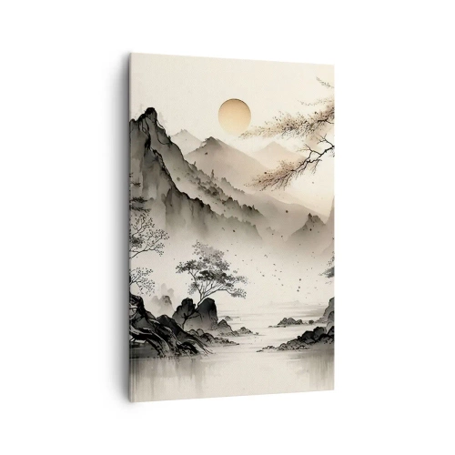 Cuadro sobre lienzo - Impresión de Imagen - Un paisaje oriental con montañas y una pagoda en tonos delicados. - 80x120cm - El encanto único de Oriente - Decoración de pared moderna para salón y dormitorio ARTTOR