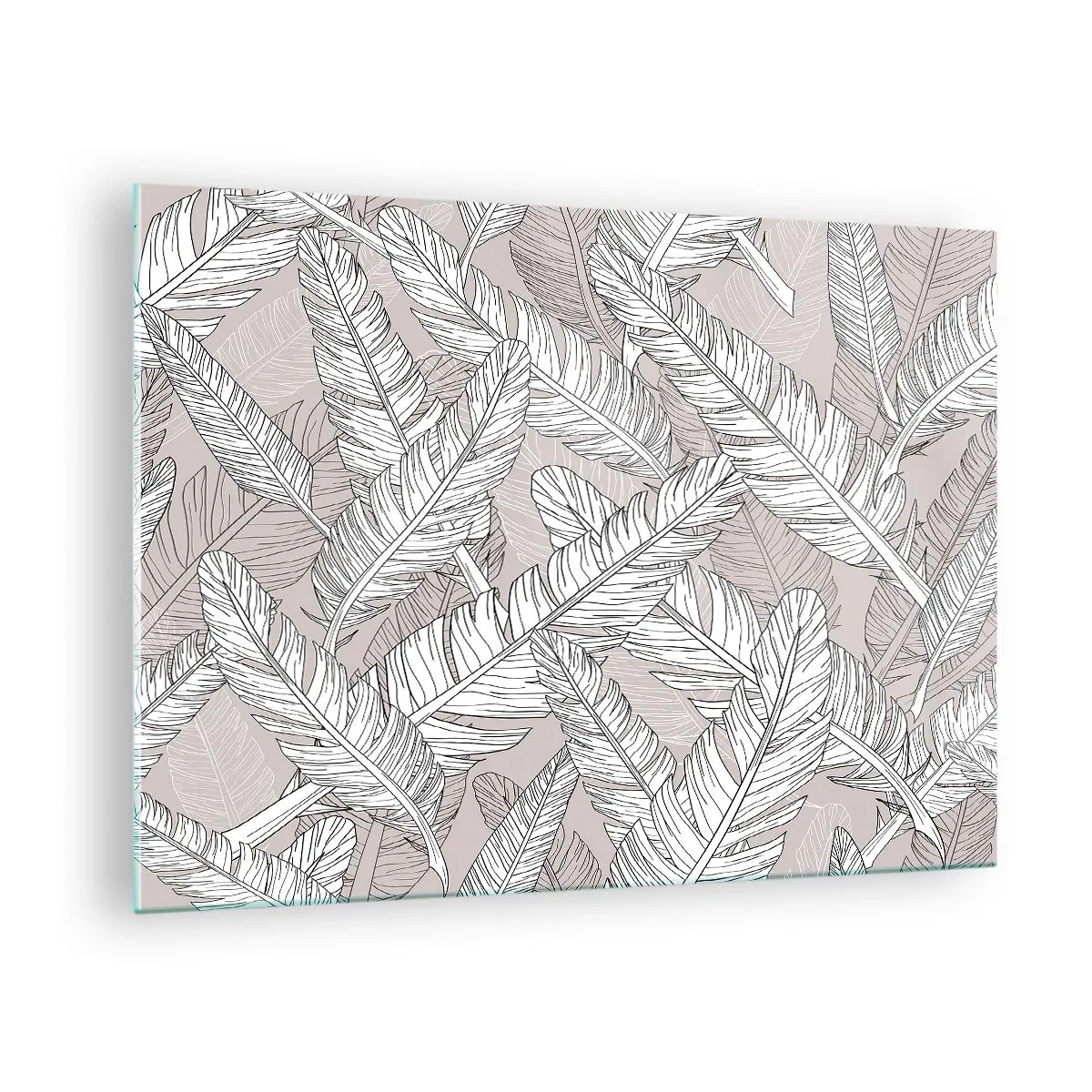 Cuadro sobre vidrio - Impresiones sobre Vidrio - Hojas en blanco y negro sobre un fondo beige en un estilo gráfico. - 70x50cm - Turbulencias de plumas - Decoración de pared moderna para salón y dormitorio ARTTOR