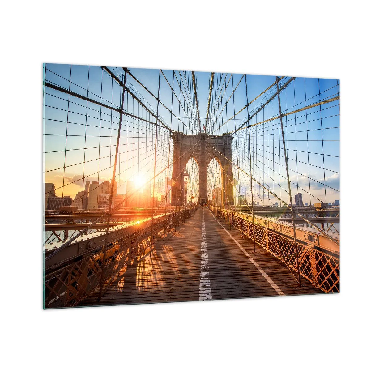 Cuadro sobre vidrio - Impresiones sobre Vidrio - Atardecer en el puente de Brooklyn en Nueva York - 100x70cm - En el puente dorado - Decoración de pared moderna para salón y dormitorio ARTTOR