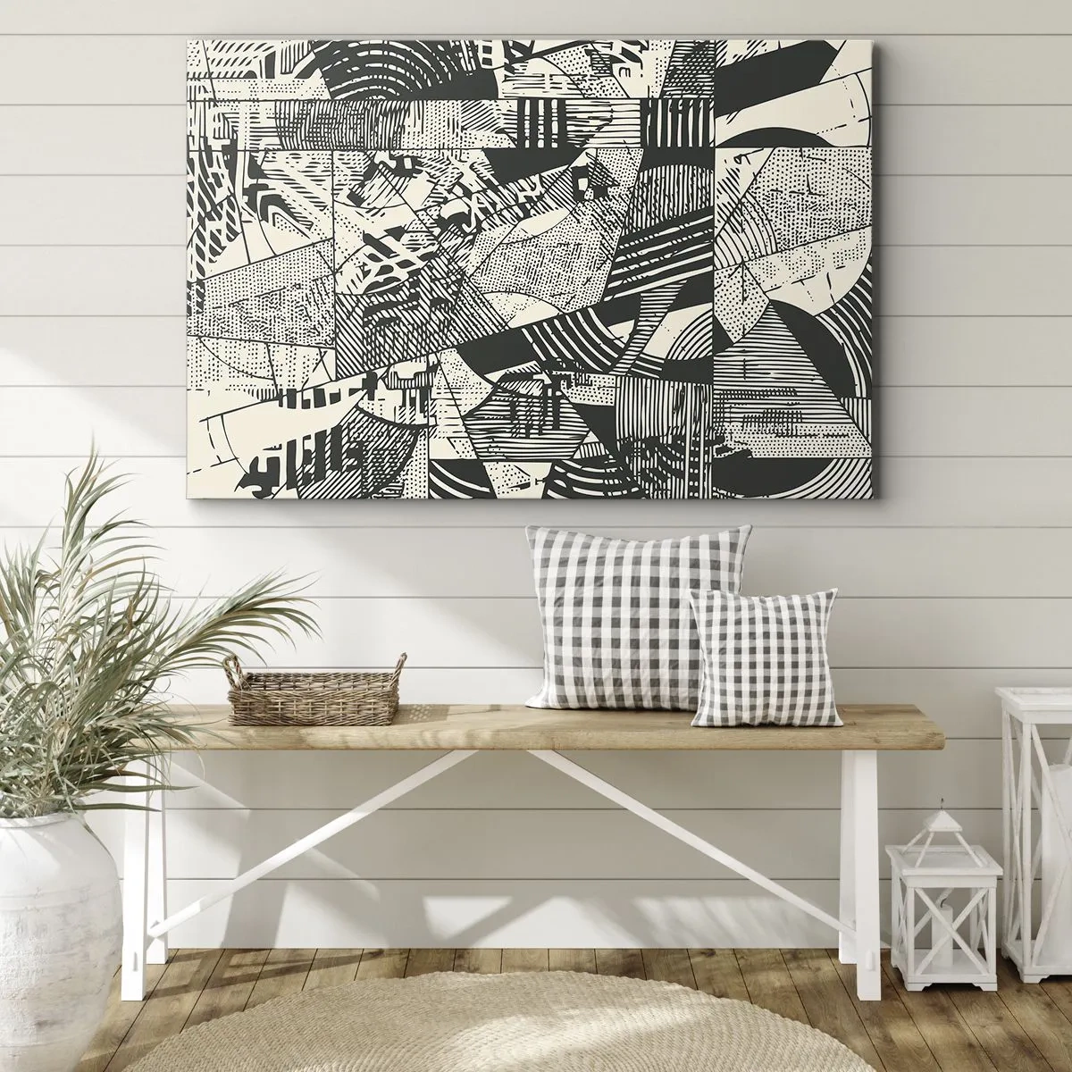 Cuadro sobre lienzo - Impresión de Imagen - Patrones abstractos geométricos en tonos verdes sobre un fondo claro - 70x50cm - La dinámica del presente - Decoración de pared moderna para salón y dormitorio ARTTOR