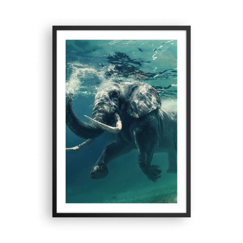Póster en marco negro - Un elefante nadando en aguas turquesas. - 50x70cm - A todos nos gusta nadar - Decoración de pared moderna para salón y dormitorio ARTTOR