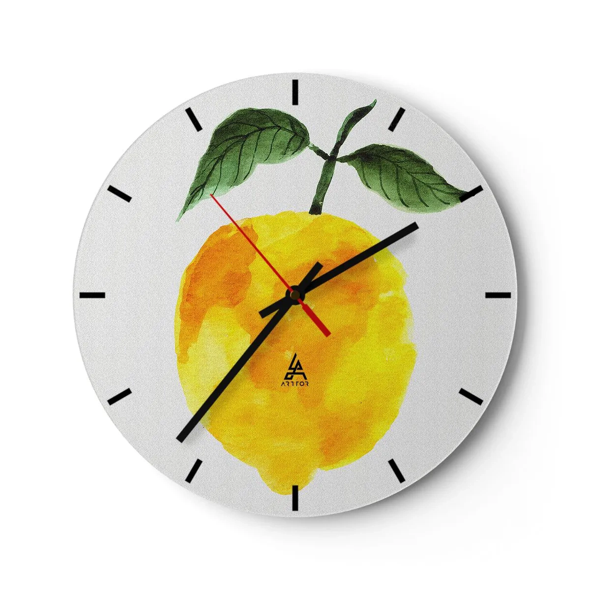 Reloj de pared - Reloj de vidrio - Limón amarillo con hojas verdes en estilo acuarela. - 30x30cm - Cómo conocer el sabor del sol - Decoración de pared moderna para salón, cocina y dormitorio ARTTOR