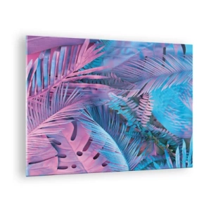 Cuadro sobre vidrio - Impresiones sobre Vidrio - Hojas tropicales en tonos rosa y azul sobre un fondo neón. - 70x50cm - Trópicos en rosa y azul - Decoración de pared moderna para salón y dormitorio ARTTOR