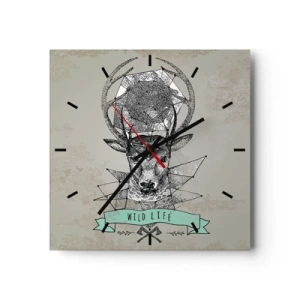 Reloj de pared - Reloj de vidrio - Geometría de ciervo de estilo vintage con letras Wild Life - 30x30cm - Visión de San Huberto - Decoración de pared moderna para salón y dormitorio ARTTOR