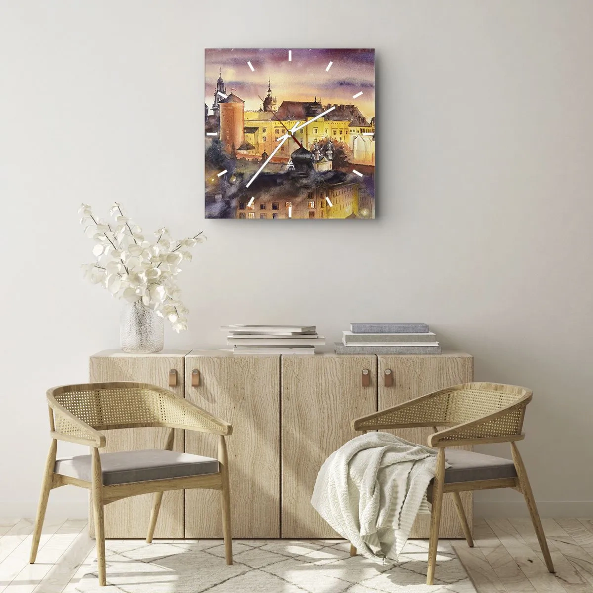 Reloj de pared - Reloj de vidrio - Una pintoresca pintura de acuarela de un castillo al atardecer. - 30x30cm - Una historia y un cuento - Decoración de pared moderna para salón y dormitorio ARTTOR