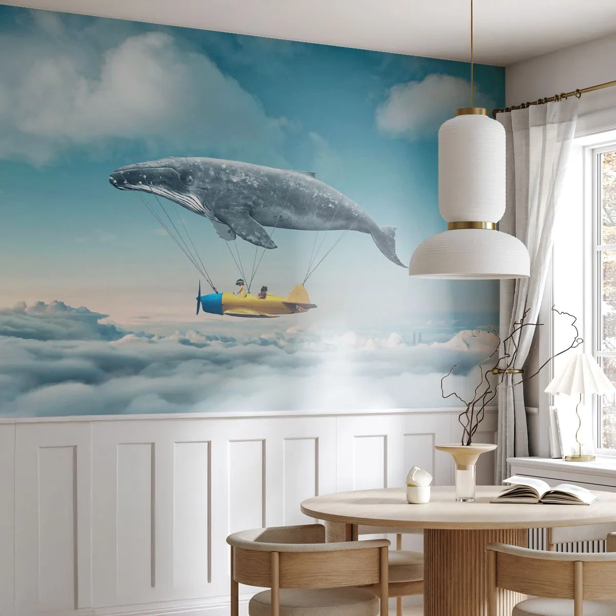 Fotomural Premium Sand - Una ballena voladora levantando un avión por encima de las nubes. - 100x70cm - ¿Por qué no? - Decoración de pared moderna para salón y dormitorio ARTTOR