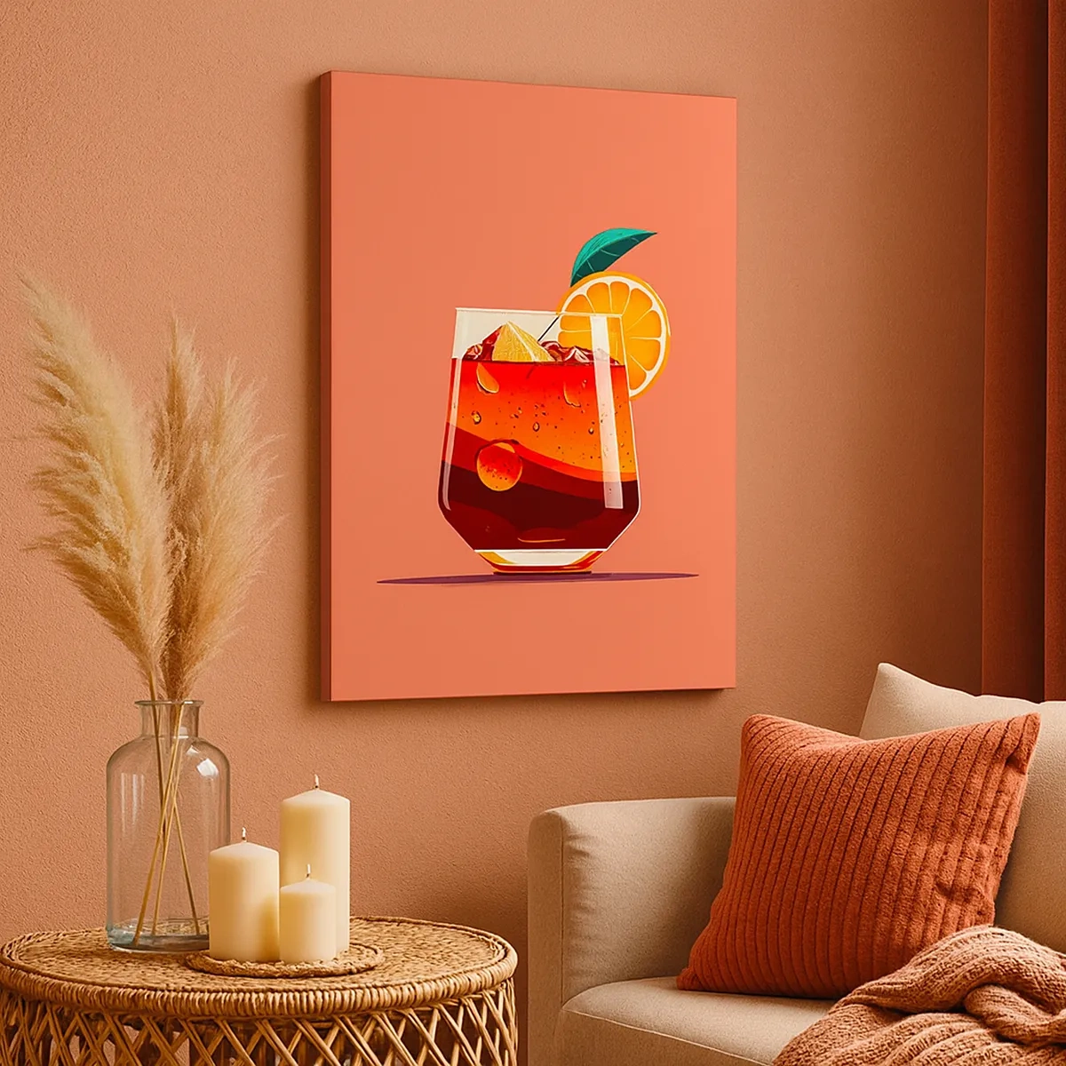 Cuadro sobre lienzo - Impresión de Imagen - Un vaso de bebida y una rodaja de naranja sobre un fondo naranja. - 50x70cm - Refresco de verano - Decoración de pared moderna para salón y dormitorio ARTTOR