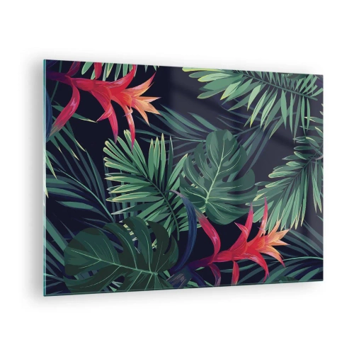 Cuadro sobre vidrio - Impresiones sobre Vidrio - Hojas y flores exóticas sobre un fondo oscuro. - 70x50cm - Encender el color verde - Decoración de pared moderna para salón y dormitorio ARTTOR