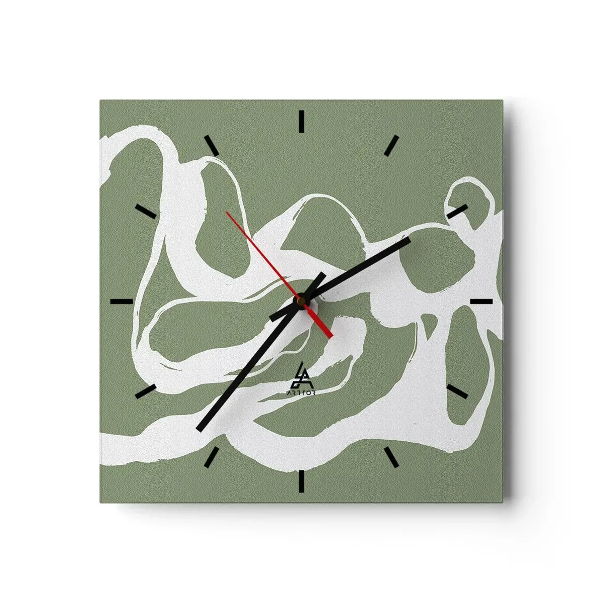 Reloj de pared - Reloj de vidrio - Formas orgánicas en blanco sobre fondo verde. - 30x30cm - La llamada del espacio - Decoración de pared moderna para salón y dormitorio ARTTOR