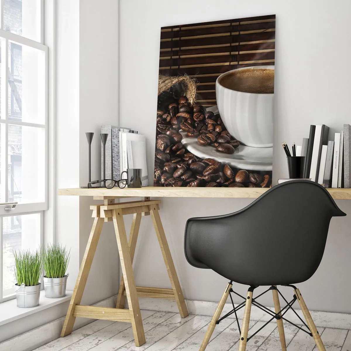 Cuadro sobre vidrio - Impresiones sobre Vidrio - Una taza de café con granos sobre un fondo rústico. - 50x70cm - La negrura del carbón, la transparencia del ámbar - Decoración de pared moderna para salón y dormitorio ARTTOR