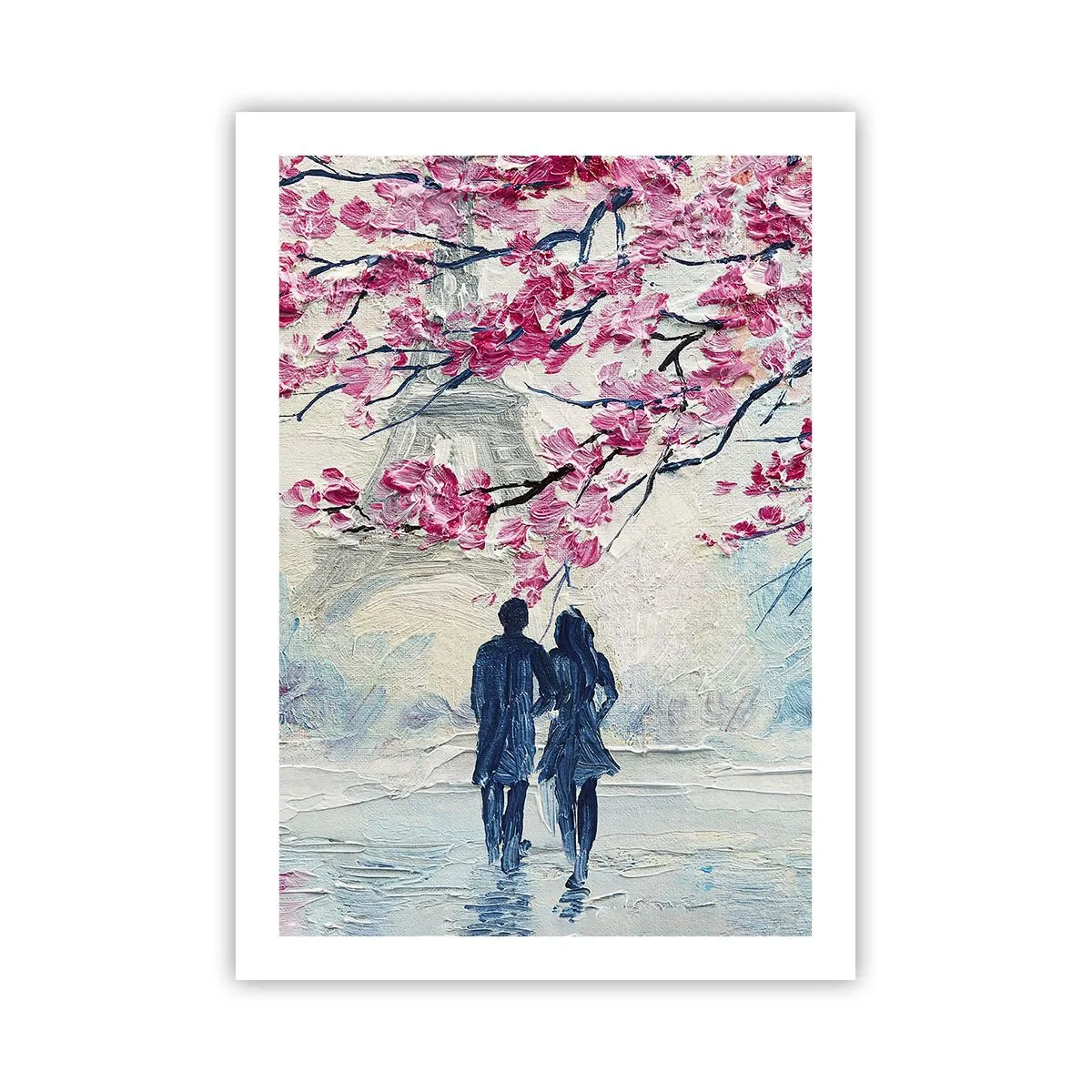 Póster - Una pareja bajo ramas floridas en un paisaje romántico. - 50x70cm - Un paseo romántico - Decoración de pared moderna para salón y dormitorio ARTTOR