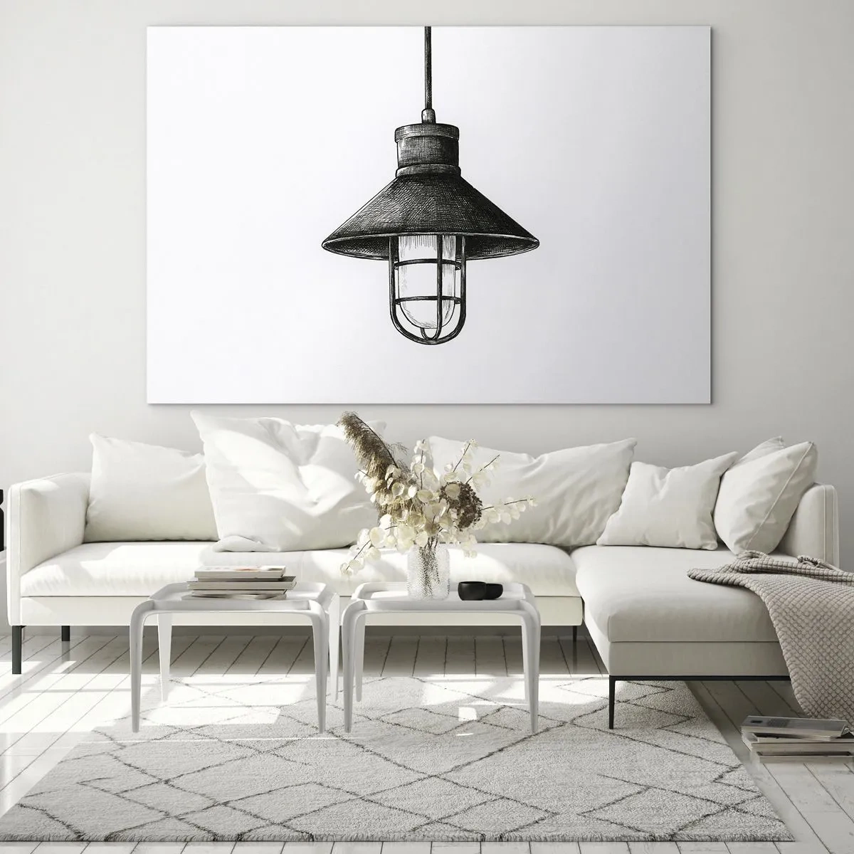 Cuadro sobre vidrio - Impresiones sobre Vidrio - Lámpara colgante de estilo industrial negra - 70x50cm - Como hace años... - Decoración de pared moderna para salón y dormitorio ARTTOR