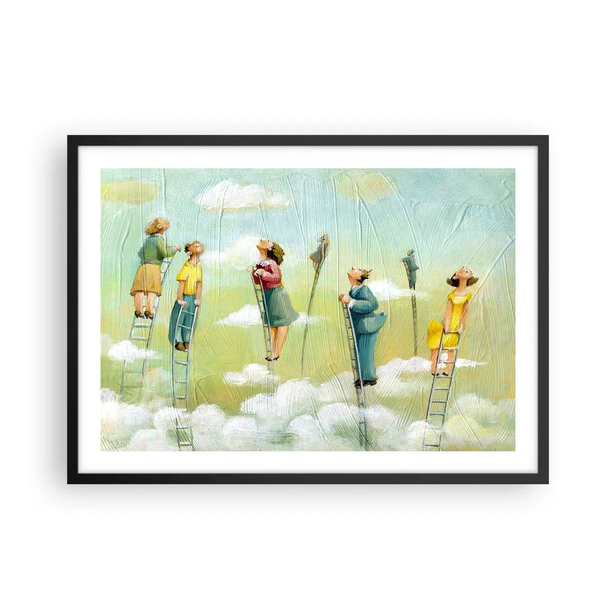 Póster en marco negro - Figuras subiendo escaleras entre nubes sobre un fondo pastel. - 70x50cm - Sigue tu sueño - Decoración de pared moderna para salón y dormitorio ARTTOR