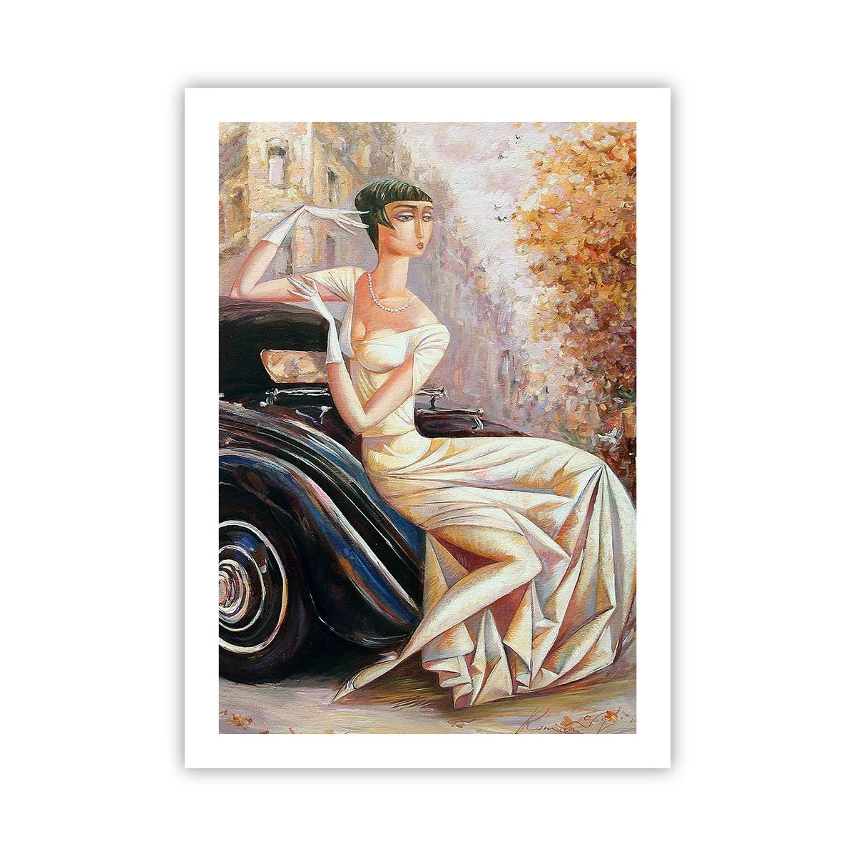 Póster - Mujer elegante junto a un coche retro en estilo pictórico - 50x70cm - Elegancia retro - Decoración de pared moderna para salón y dormitorio ARTTOR