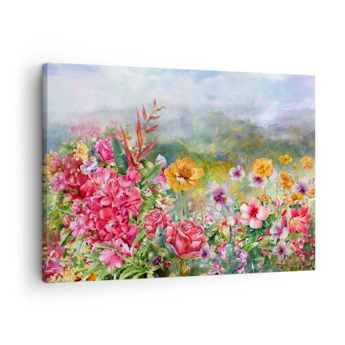 Cuadro sobre lienzo - Impresión de Imagen - Una colorida composición de flores sobre un fondo de paisaje de color pastel. - 70x50cm - Un jardín enloquecido - Decoración de pared moderna para salón y dormitorio ARTTOR