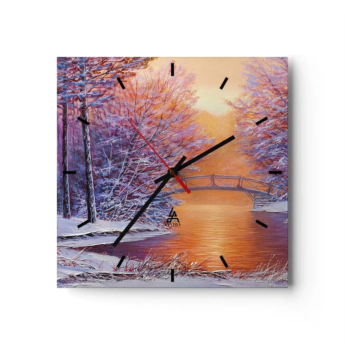 Reloj de pared - Reloj de vidrio - Paisaje invernal con puente y puesta de sol - 30x30cm - Reunámonos aquí - Decoración de pared moderna para salón y dormitorio ARTTOR