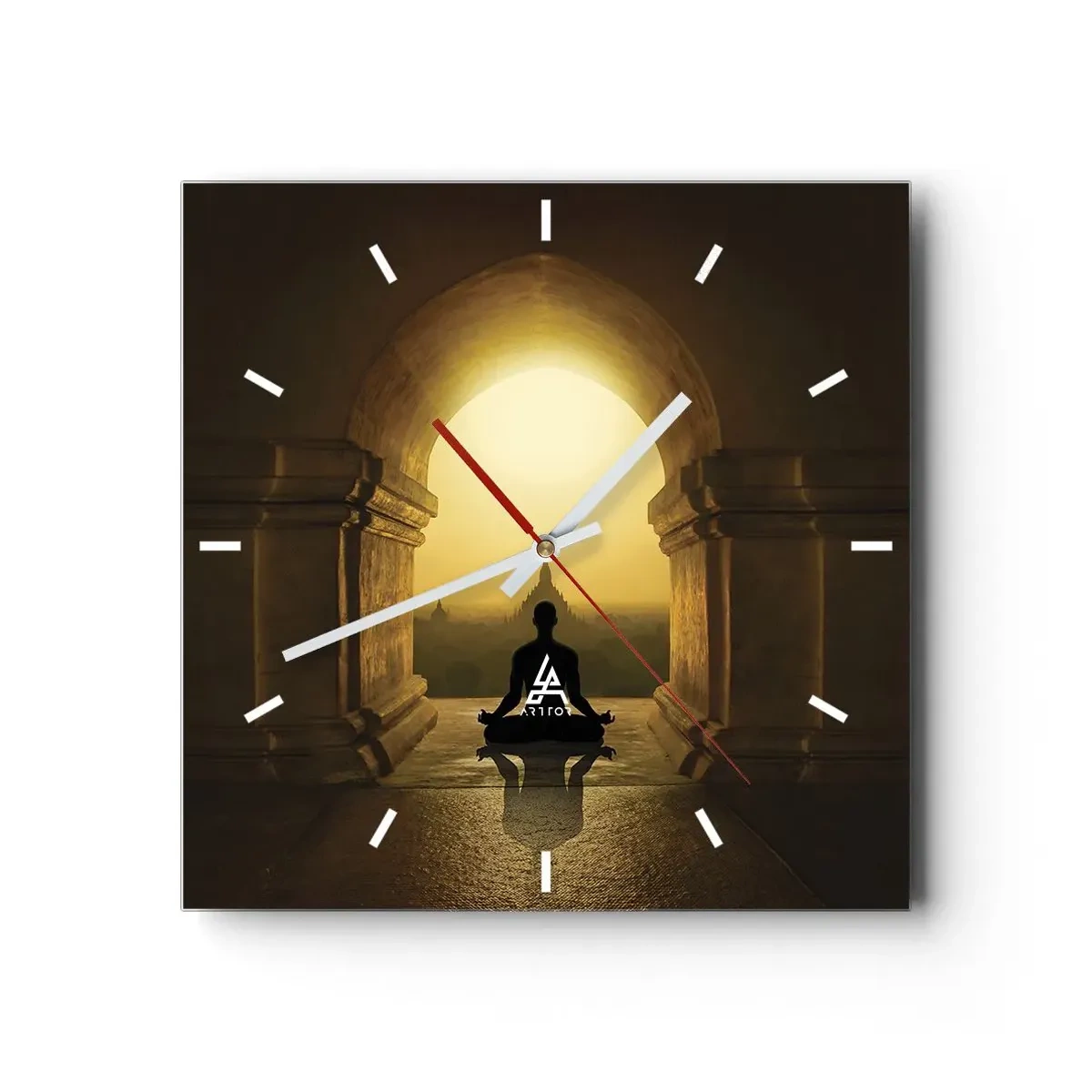 Reloj de pared - Reloj de vidrio - Silueta de una persona meditando a la luz del sol poniente. - 30x30cm - Armonía total - Decoración de pared moderna para salón y dormitorio ARTTOR