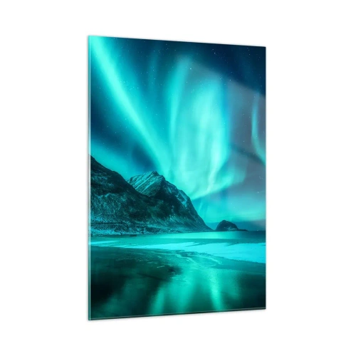 Cuadro sobre vidrio - Impresiones sobre Vidrio - Aurora boreal sobre un paisaje montañoso y un mar helado - 50x70cm - Maravillas del norte - Decoración de pared moderna para salón y dormitorio ARTTOR