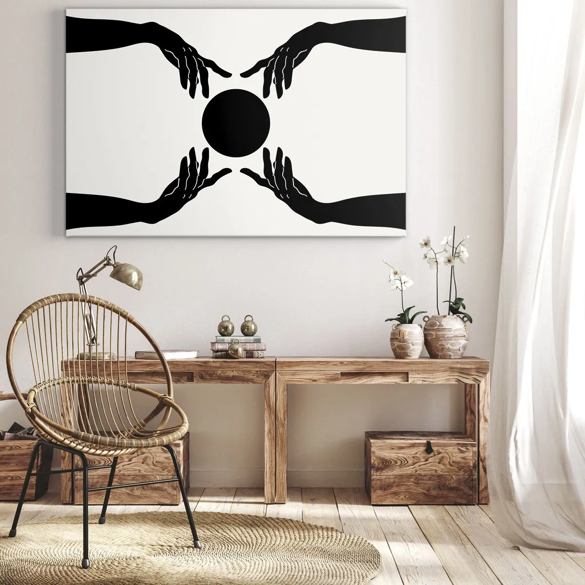 Cuadro sobre lienzo - Impresión de Imagen - Manos negras en una composición simétrica con una pelota. - 70x50cm - Una señal secreta - Decoración de pared moderna para salón y dormitorio ARTTOR