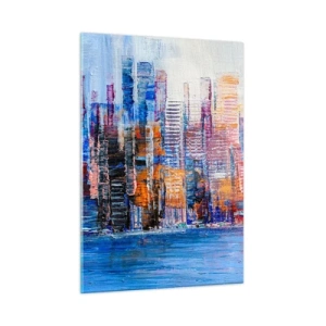 Cuadro sobre vidrio - Impresiones sobre Vidrio - Un panorama colorido de la ciudad pintado con pinceladas. - 50x70cm - Una metrópoli alegre - Decoración de pared moderna para salón y dormitorio ARTTOR