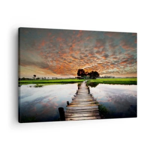Cuadro sobre lienzo - Impresión de Imagen - Puente de madera sobre el agua al atardecer - 70x50cm - Extiende tus brazos - respira  - Decoración de pared moderna para salón y dormitorio ARTTOR