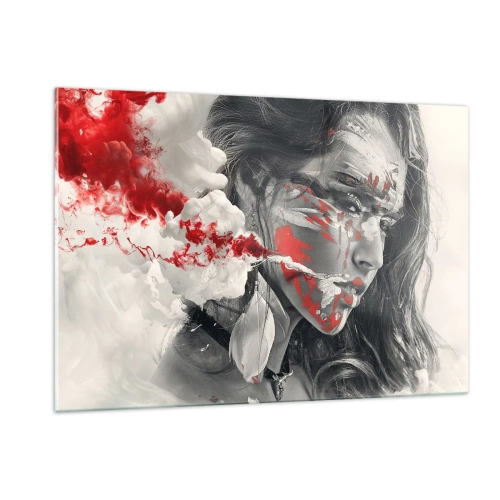 Cuadro sobre vidrio - Impresiones sobre Vidrio - Retrato de una mujer con patrones abstractos rojos y blancos. - 120x80cm - En los humos del absurdo - Decoración de pared moderna para salón y dormitorio ARTTOR