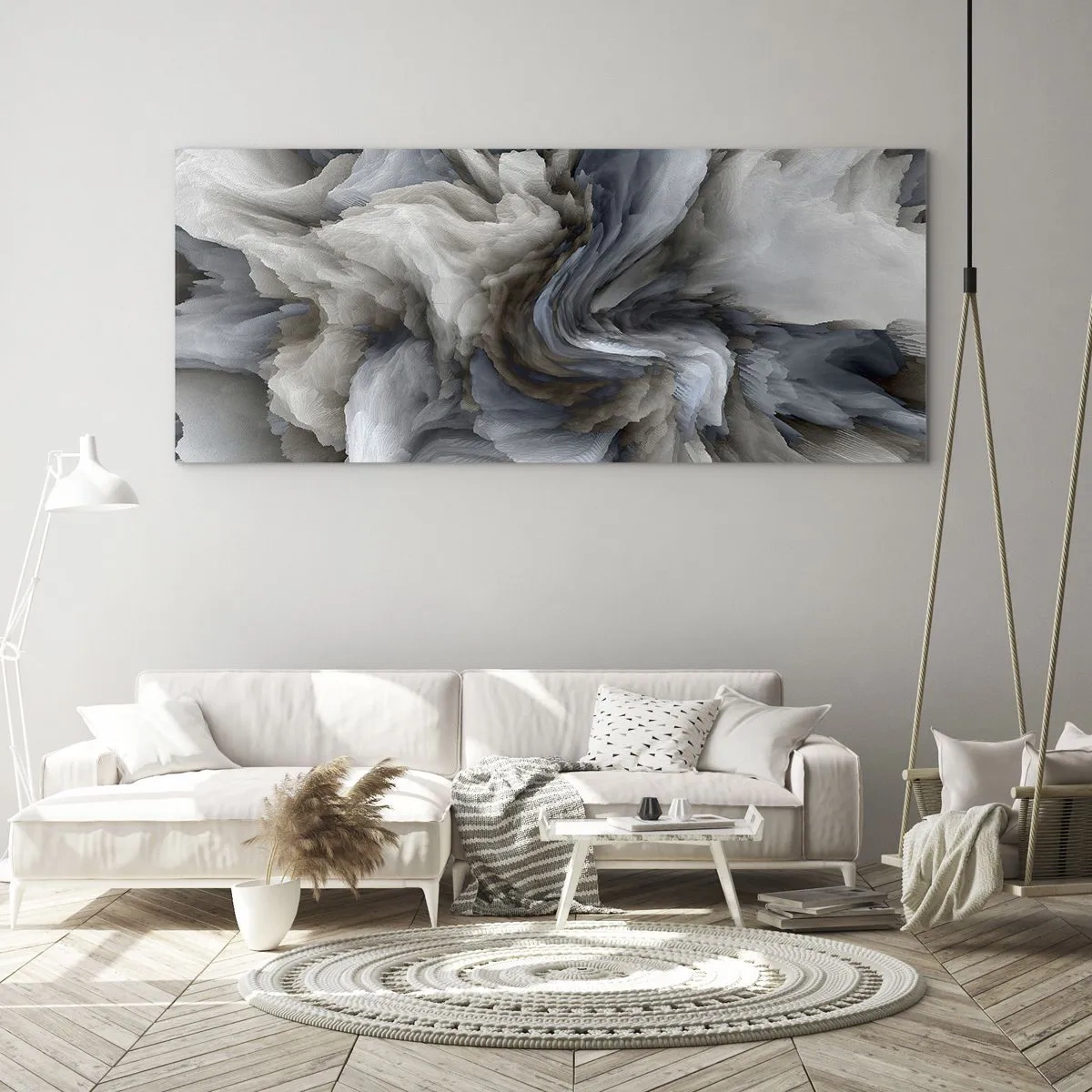 Cuadro sobre vidrio - Impresiones sobre Vidrio - Remolino abstracto en tonos de gris y azul. - 160x50cm - Piedra y flor - Decoración de pared moderna para salón y dormitorio ARTTOR