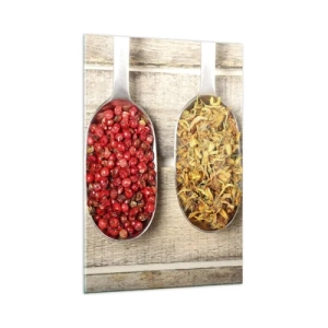 Cuadro sobre vidrio - Impresiones sobre Vidrio - Tres cucharas de metal con especias sobre un fondo de madera. - 80x120cm - La magia de la cocina - Decoración de pared moderna para salón y dormitorio ARTTOR