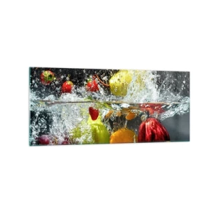 Cuadro sobre vidrio - Impresiones sobre Vidrio - Frutas coloridas en el agua durante la inmersión dinámica. - 120x50cm - Refresco afrutado - Decoración de pared moderna para salón y dormitorio ARTTOR