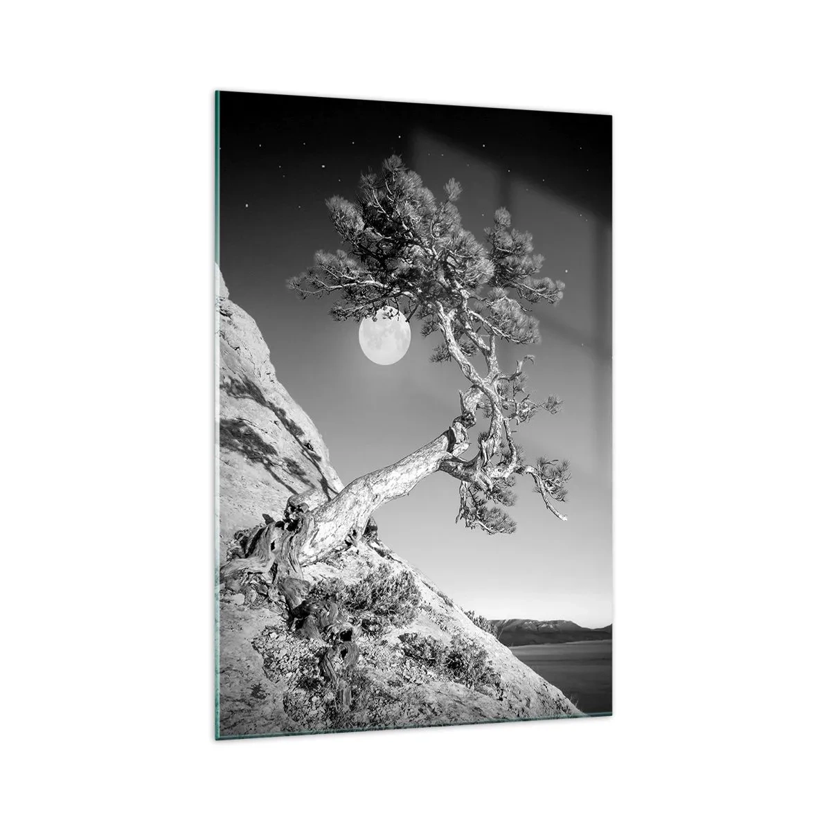 Cuadro sobre vidrio - Impresiones sobre Vidrio - Árbol en blanco y negro en un acantilado con la luna al fondo - 70x100cm - Un guerrero victorioso - Decoración de pared moderna para salón y dormitorio ARTTOR
