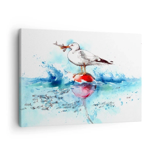 Cuadro sobre lienzo - Impresión de Imagen - Gaviota en una boya con peces al fondo en estilo acuarela - 70x50cm - Una captura exitosa - Decoración de pared moderna para salón y dormitorio ARTTOR