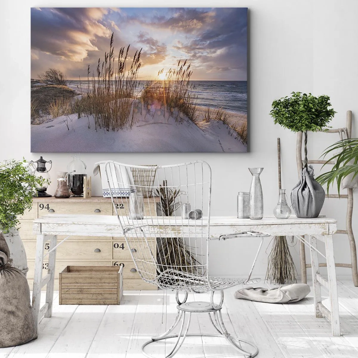Cuadro sobre lienzo - Impresión de Imagen - Dunas con hierbas con el sol poniente como telón de fondo - 70x50cm - Adiós al sol y al viento - Decoración de pared moderna para salón y dormitorio ARTTOR