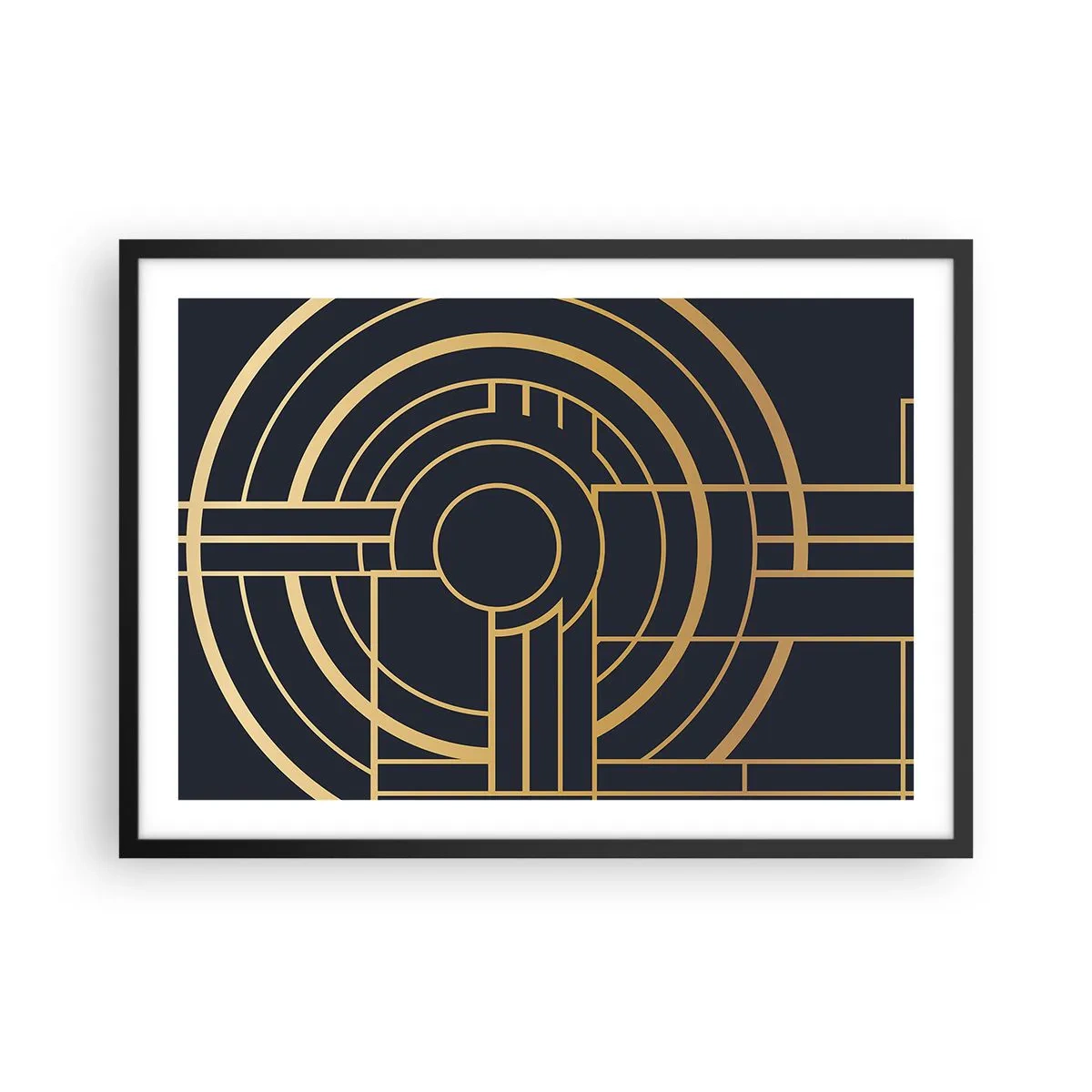 Póster en marco negro - Patrón geométrico con líneas doradas. - 70x50cm - Giro de los elementos - Decoración de pared moderna para salón y dormitorio ARTTOR