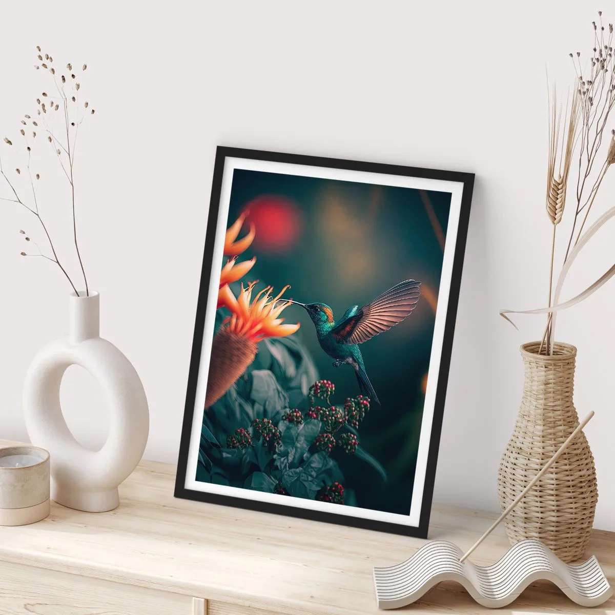 Póster en marco negro - Un colibrí colorido cerca de flores entre la vegetación. - 50x70cm - Una vida verdaderamente colorida - Decoración de pared moderna para salón y dormitorio ARTTOR