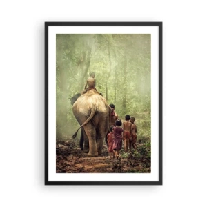 Póster en marco negro - Niños y un elefante en la selva tropical. - 50x70cm - El nuevo libro de la selva - Decoración de pared moderna para salón y dormitorio ARTTOR