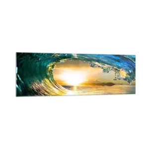 Cuadro sobre vidrio - Impresiones sobre Vidrio - Ola del océano bajo el sol con vistas al horizonte. - 160x50cm - Ojo de esperanza - Decoración de pared moderna para salón y dormitorio ARTTOR