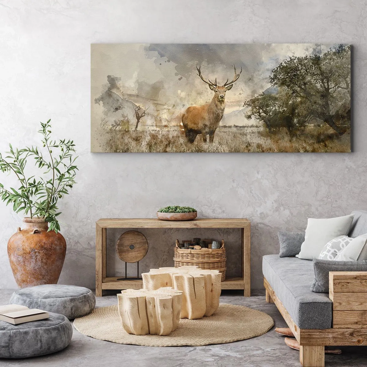 Cuadro sobre lienzo - Impresión de Imagen - Un ciervo en un entorno natural en estilo acuarela. - 140x50cm - Dignidad - fuerza - encanto - Decoración de pared moderna para salón y dormitorio ARTTOR