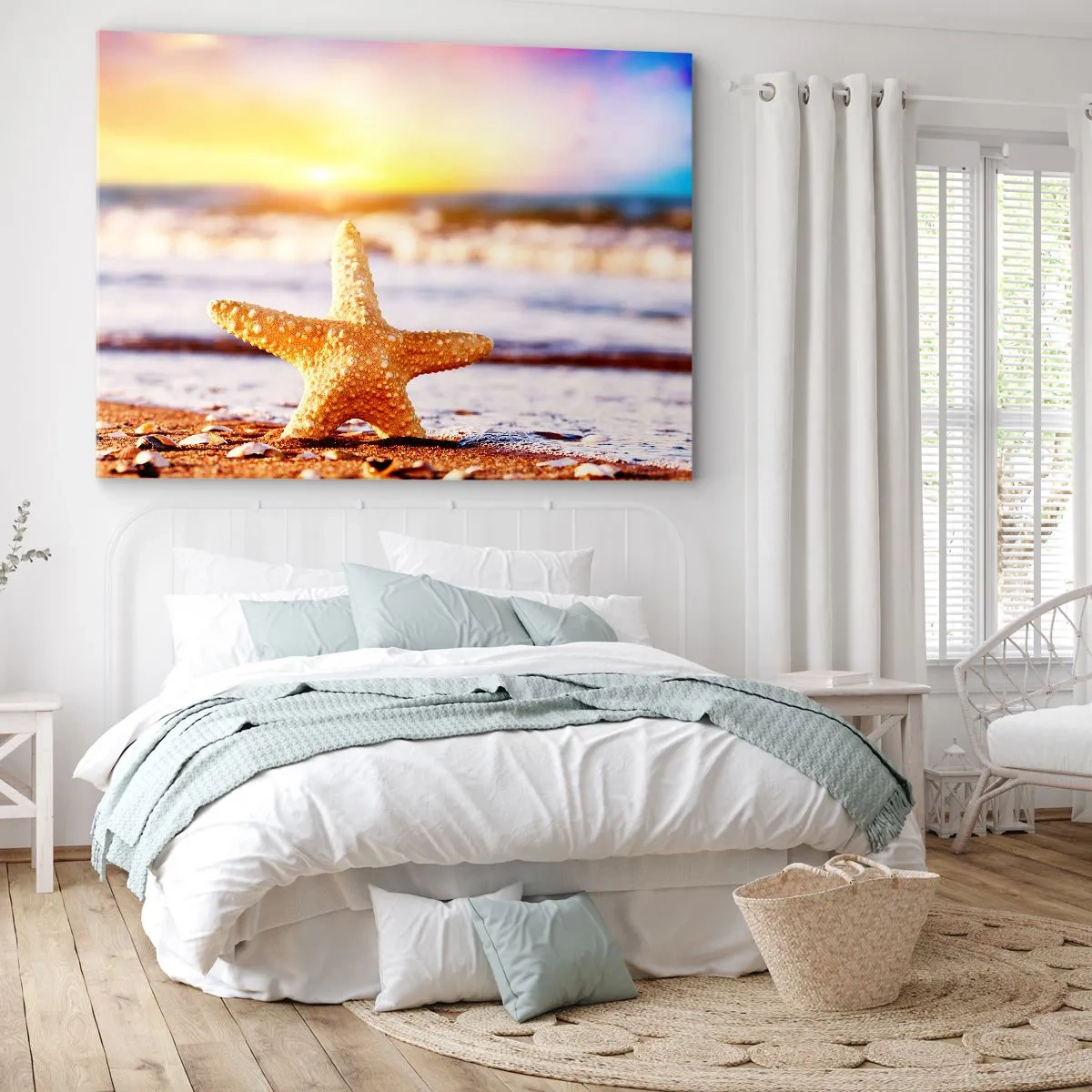 Cuadro sobre lienzo - Impresión de Imagen - Una estrella de mar en una playa de arena bajo el resplandor del sol poniente. - 120x80cm - Regalo del mar - Decoración de pared moderna para salón y dormitorio ARTTOR