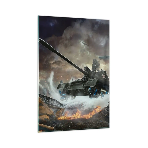 Cuadro sobre vidrio - Impresiones sobre Vidrio - Escena de batalla con tanques y aviones al fondo. - 80x120cm - La batalla es terrible y hermosa - Decoración de pared moderna para salón y dormitorio ARTTOR