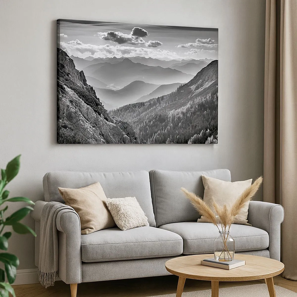 Cuadro sobre lienzo - Impresión de Imagen - Paisaje de montaña en blanco y negro con nubes sobre los picos. - 70x50cm - Hasta el horizonte - Decoración de pared moderna para salón y dormitorio ARTTOR