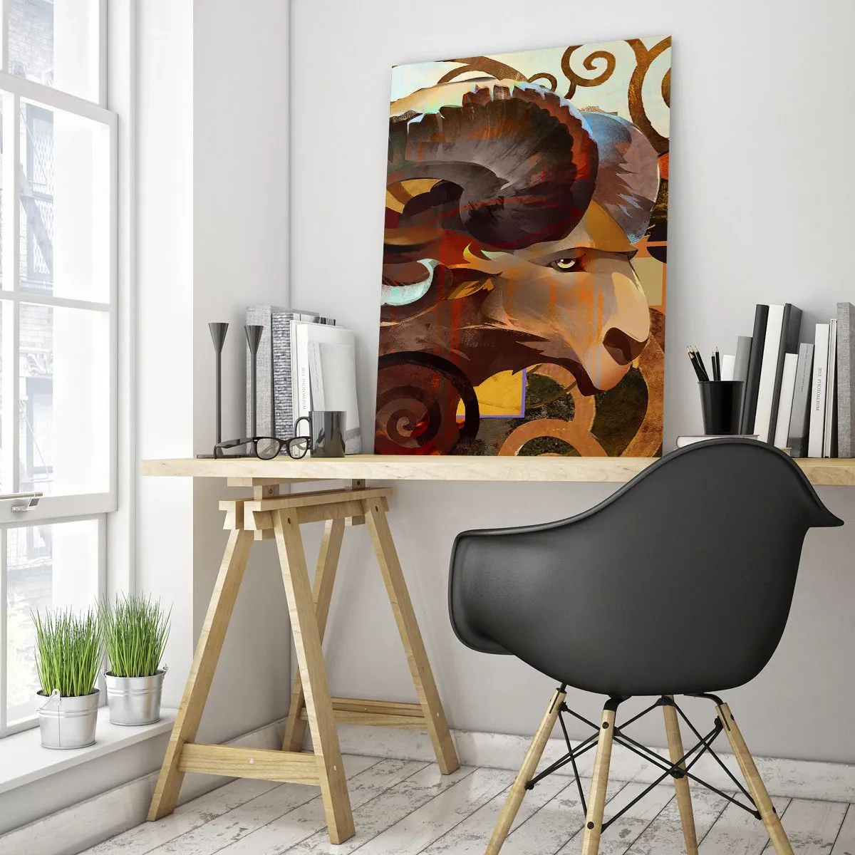 Cuadro sobre vidrio - Impresiones sobre Vidrio - Una imagen artística de un carnero en una composición geométrica y espiral. - 50x70cm - Magia - religiones - rituales - Decoración de pared moderna para salón y dormitorio ARTTOR