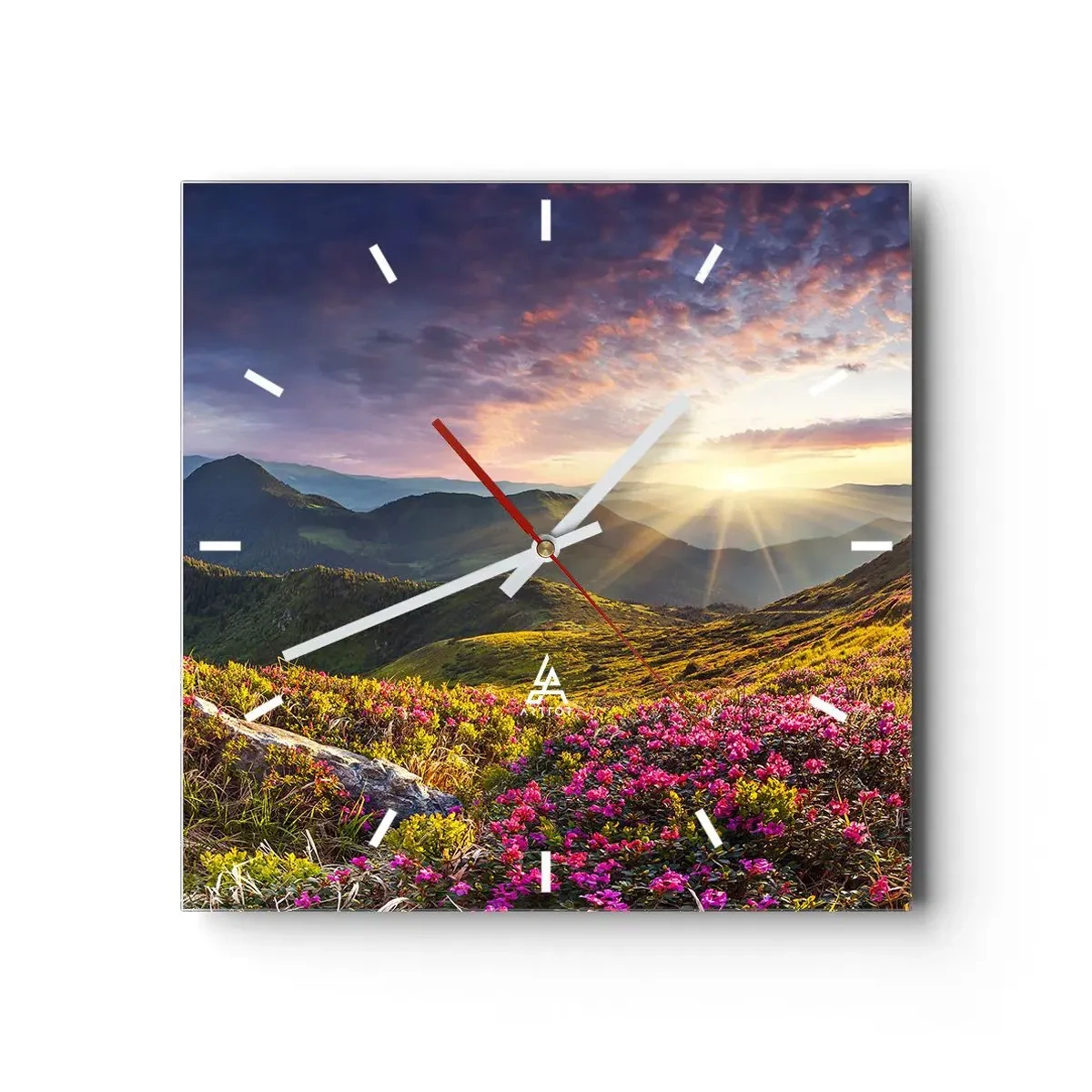 Reloj de pared - Reloj de vidrio - Paisaje de montaña con rododendros en flor - 30x30cm - La frescura de una mañana de montaña - Decoración de pared moderna para salón y dormitorio ARTTOR